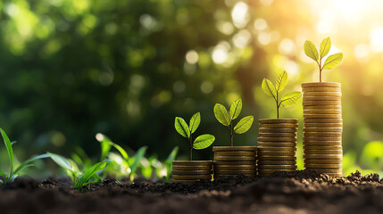 Coins stacked with growing plants symbolizing financial growth and sustainability in a vibrant, green environment.