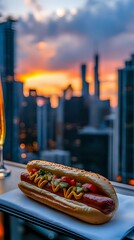 Gourmet Hot Dog and Champagne Pairing on Rooftop Terrace with City Skyline at Sunset.