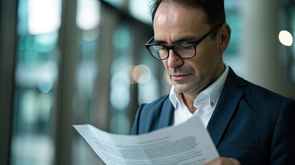 A senior executive in a suit reading financial regulations document, focused and serious expression, in a modern office setting with blurred financial charts in the background