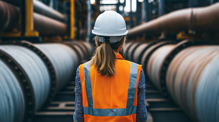 Poster - Woman engineer stands near large pipes, wearing a hardhat and safety vest with her back turned