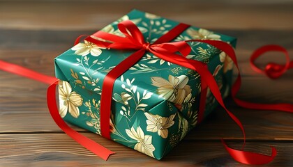 Poster - Elegant gift box adorned with a red ribbon and bow, showcasing a luxurious green and gold floral pattern