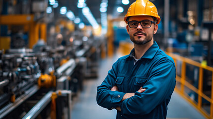 Aufkleber - Experienced industrial engineer in hard hat supervising production in busy factory. Machinery and steel products surround worker on manufacturing line
