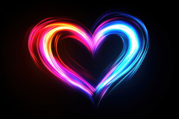 Bright neon heart with colorful light streaks