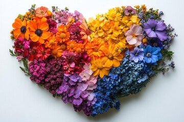 heartshaped floral arrangement in rainbow colors diverse flower varieties white background symbol of lgbtq love and acceptance