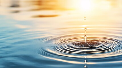 Poster - Golden Hour Ripples: A single water droplet creates mesmerizing ripples in a tranquil pond, bathed in the warm glow of the setting sun. 