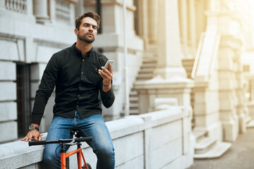 Bike, phone and location with man in city for communication, social media or connection. Networking, newsletter and navigation app with person and mobile in downtown for travel, digital or internet