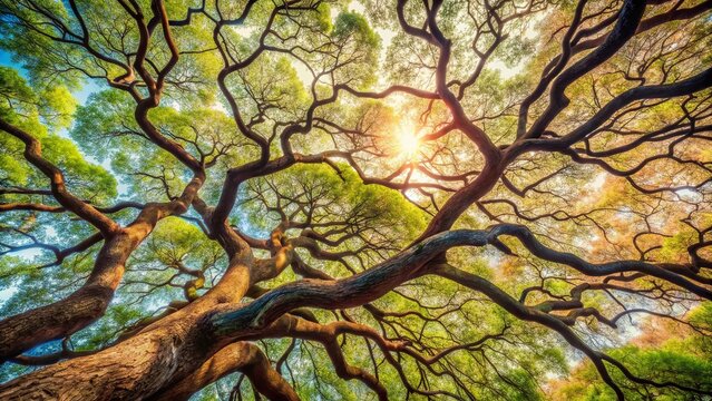 Delicate tree branches with intricate patterns and textures radiate outward, symbolizing growth, expansion, and