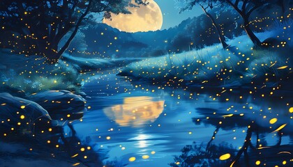 Sticker - Magic of Fireflies Dancing Under a Glowing Blue Moonlit Sky Reflected in a Peaceful River Landscape