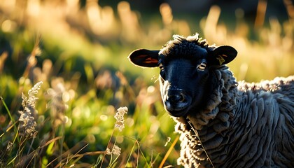 Wall Mural - Distinctive Black Sheep in Sunny Meadow Creating Unique Shadow Against Open Sky