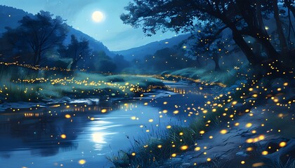 Sticker - Magic of Fireflies Dancing Under a Glowing Blue Moonlit Sky Reflected in a Peaceful River Landscape