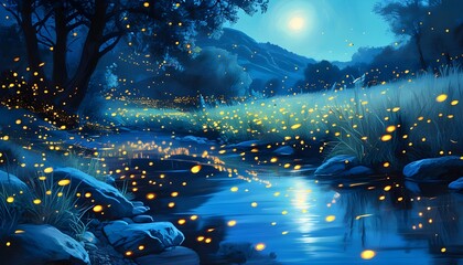 Canvas Print - Magic of Fireflies Dancing Under a Glowing Blue Moonlit Sky Reflected in a Peaceful River Landscape