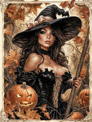 Wall Mural - beautiful witch surrounded by pumpkins, leaves and vines