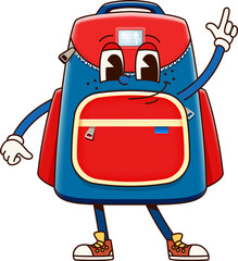Poster - School backpack groovy character. Isolated cartoon vector retro bag or rucksack personage with a friendly face, and pointing up gesture, ready for children education and back-to-school adventures