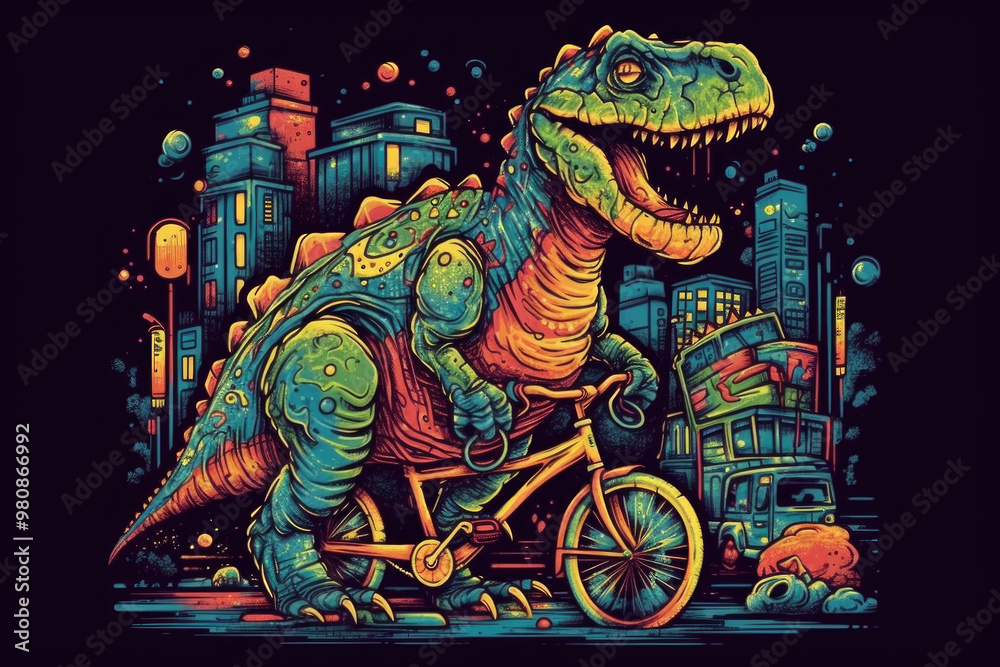 A unique dinosaur pedals a bicycle through a lively urban setting, illuminated by colorful lights and surrounded by imaginative, whimsical details