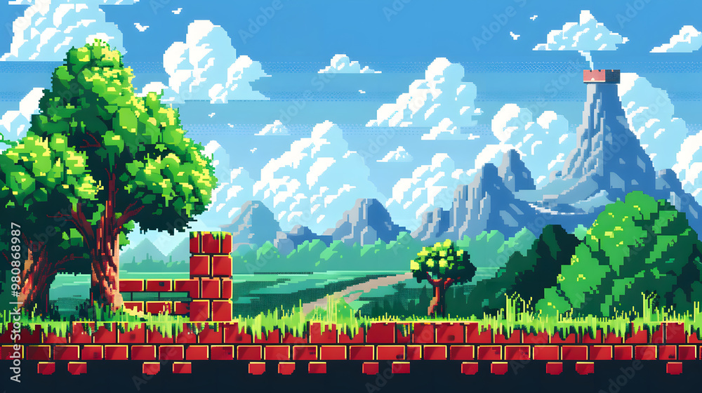 Pixel art game background with button level up. Game design concept in ...