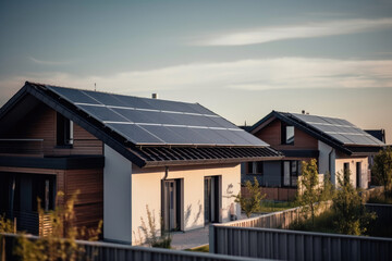 Two contemporary homes feature solar panels on their rooftops under a bright evening sky, exemplifying eco-friendly energy solutions in a residential setting