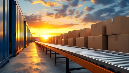 Wall Mural - Sunset-Illuminated Conveyor Belt in Vibrant Distribution Warehouse Ready for E-Commerce Operations