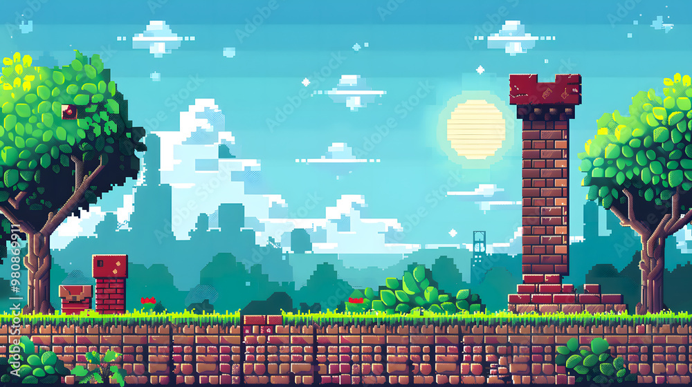 Pixel art game background with button level up. Game design concept in ...