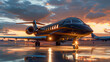 © Akash Tholiya - A premium black and gold luxury private jet for VIP travel parked at the airport during sunset. An opulent mode of transport for the rich and wealthy, reflecting the lifestyle of millionaires