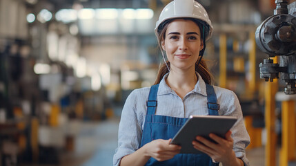 Poster - Manager in a hardhat with a tablet, posing for a portrait in a factory setting