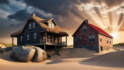 A photorealistic scene of two houses in a contrasting environment.