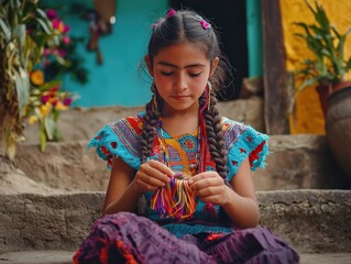 Focused Young Indigenous Girl Weaving Colorful Traditional Textile in Guatemalan Village