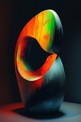 Poster - A sculpture of a person with a large mouth and a small head. The sculpture is made of wood and has a green and orange color scheme. The sculpture is abstract and has a unique shape