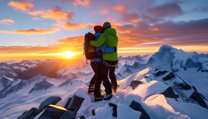 Wall Mural - Joyful hikers embracing on snowy mountain summit at sunset, celebrating their successful climb together