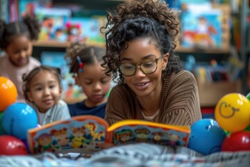 A teacher reading a storybook to a group of young children in a colorful classroom, promoting early childhood education and a love for reading