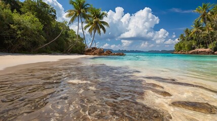 Tropical sandy beach with an island in the background.