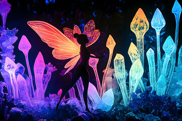 Wall Mural - Neon silhouette of a fairy in a crystal forest isotated on black background.