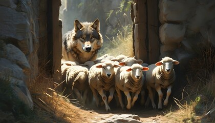 Wall Mural - Cunning Wolf Leading Sheep Through Narrow Gate Hiding Predatory Nature