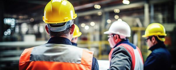  construction workers discuss plans in a busy manufacturing facility 