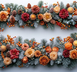 Wall Mural - The decor is made of fir branches and autumn flowers. The golden element in spruce autumn and Christmas decorations.