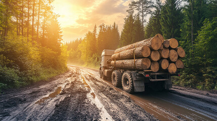 Logging truck is transporting large load of freshly cut timber logs through muddy road in forest