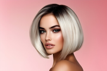 portrait of a woman with blond short hair; perfect flamboyage platinum blond color hair; girl head isolated on pink background