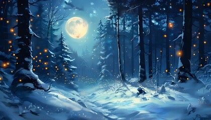 Wall Mural - Magical Winter Woodland Bathed in Ethereal Moonlight with Dancing Fireflies