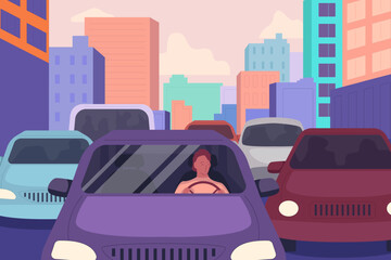 Wall Mural - Cartoon Color Cars with People Stuck in Traffic Concept Flat Design Style. Vector illustration of Rush Hour Problem in City