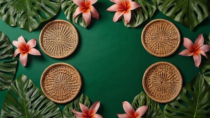 Tropical leaves and wicker mats against a green background