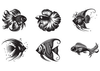 Wall Mural - fish silhouette vector illustration, different types of fish vector art silhouette, betta fish, koi 