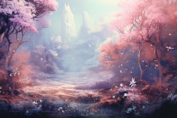 Poster - Pastel enchanted forest outdoors painting nature.