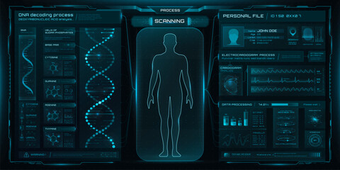 Leinwandbilder - HUD medicine, health care and medical graphs or charts. Futuristic interface with human body hologram scanning process alongside DNA decoding and personal data display. Modern science and technology