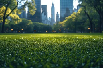 Wall Mural - lush green urban park lawn with modern cityscape in soft focus background serene oasis of nature amidst bustling metropolitan environment