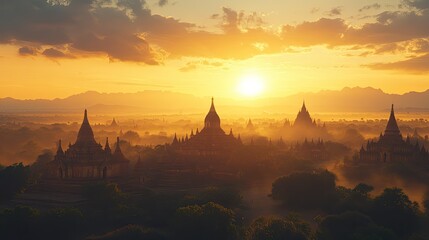 Wall Mural - Ancient temples of Bagan with a sunset over the Irrawaddy River.