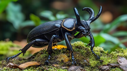 Wall Mural - A black rhinoceros beetle with large horns stands on a mossy rock in a lush green forest.