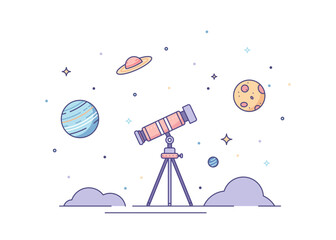 Poster - Telescope Looking to the Stars and Planets Color Thin Line Concept. Vector illustration of Astronomy and Education Concept