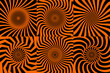© Vector Tradition - Psychedelic Halloween spiral patterns set. Retro abstract vector backgrounds of Helloween black orange wavy swirls. Halloween tie dye optical illusion patterns with geometric motif of zigzag spirals