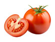 © Michael - Two ripe red tomatoes one is cut in half and the other is whole with a green stem isolated on transparent background, cutout . PNG