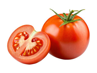 two ripe red tomatoes one is cut in half and the other is whole with a green stem isolated on transp