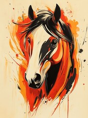 Wall Mural - A detailed illustration of a horse's head with an abstract background of orange and black paint splatters.